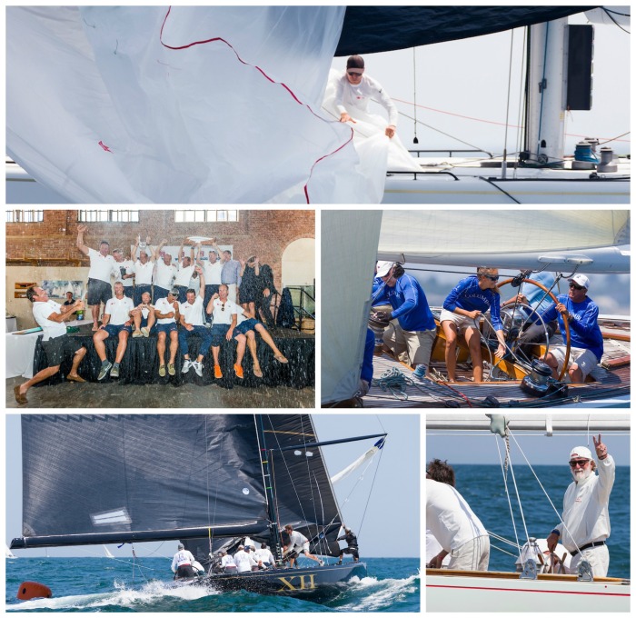 Clockwise from top: Crew work on Legacy (KZ-5); Legacy celebrates at the awards ceremony; Helmsman Kevin Hegarty aboard Columbia (US-16); Challenge 12 (KA-12) in its final race; Mauro Pelaschier, helmsman of Nyala (US-12)