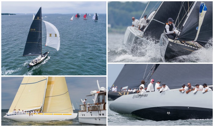 Challenge XII (KA-10) aerial; Challenge XII in action; New Zealand (KZ-3); and Enterprise (US-27) at the 12 Metre Worlds on Day Three.