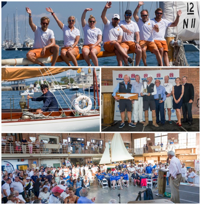 Clockwise from top: Vema III (N-11) in the 12 Metre Parade; Earl McMillen of Onawa (US-6) in parade dress; Courageous (US-12) accepts Waypoints Series Trophy; Awards Ceremony at the International Yacht Restoration School.