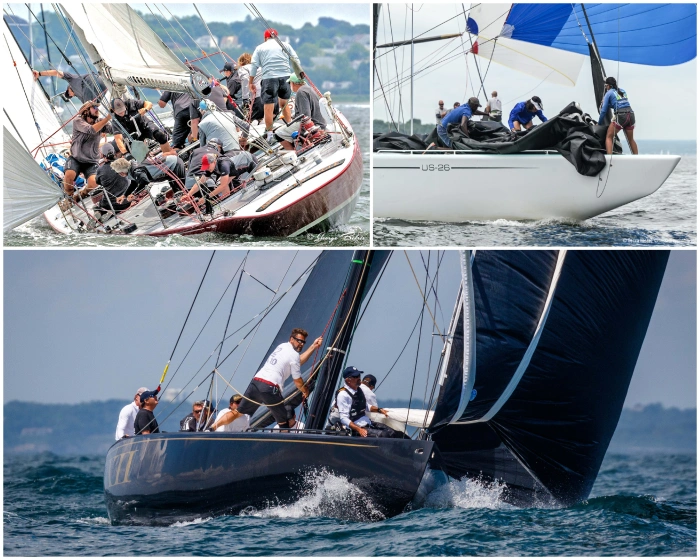 Clockwise from left: American Eagle at the 2019 Worlds (credit George Bekris), Courageous training for 2023 (Becca Hassel), and Challenge XII at the 2019 Worlds (Rod Harris).